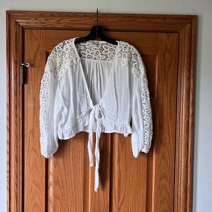 American Eagle Outfitters White Crochet Tie-Front Blouse